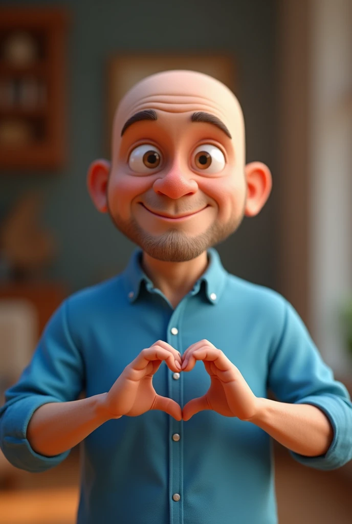 Cartoon character of a bald man in blue shirt, an animated character, stylized character, animation style rendering, 3D stylized, Arnold Maya rendering, stylized 3D rendering, toon render screenshot, 3D character, 3D character , Stylized 3D Rendering, 3D Character Rendering, Cartoon Character, Close-up Character, Character Pose, (Pixar Style) (Master Part: 1.2) (Bokeh) (Best Quality) (Detailed Skin) (Detailed Texture) (8K ) (clay) (cinematic lighting) (sharp focus, Sits and throws the upper body, he is raising his HANDS indicated the "HEART" sign where the hands are in the foreground