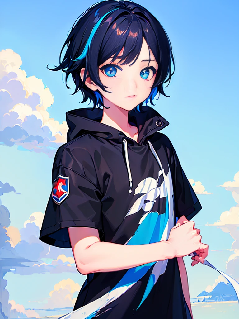 [(SKY BLUE BACKGROUND:1.5),::5], ((((masterpiece)))), high quality, ultra very high resolution, full color, (((solo))), ((little boy)), BLACK hair, ((Blue streaked short hair)), (oriental deepblue eyes), anime style, ((upper body)), Summer clothes, black parka,