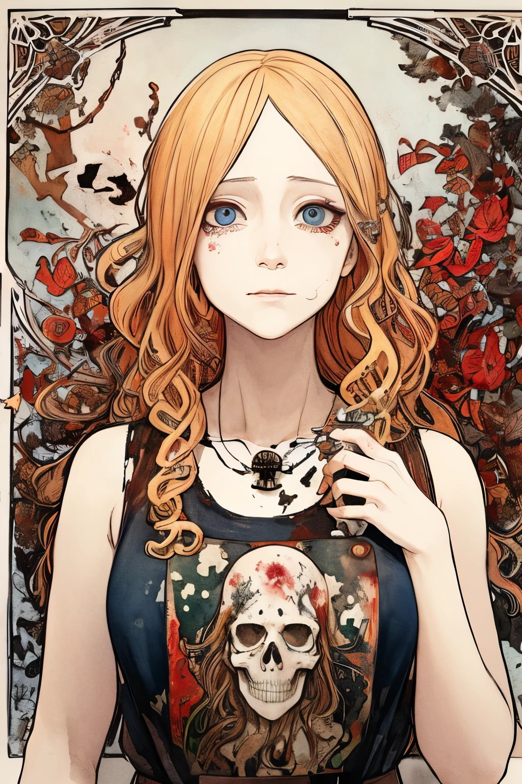 SFW,masutepiece, Best Quality, High resolution, 1girl, upper body, Details , detail hands, Detail fingers, Detail Face, detail legs, watercolor paiting, in graveyard, blonde hair, long hair, wavy hair, tattered clothes, blue eyes, zombie, skull, bone, (art nouveau:1.25), Maximalism artstyle, neon theme, suprematism, crying, beautiful detailed eyes,hyper detailed, beautifuly color, high details, high quality, back light, upper body , high quality, hair with body, cluster amaryllis, rotungwoka person, knife, in village, dead flower, bloody
