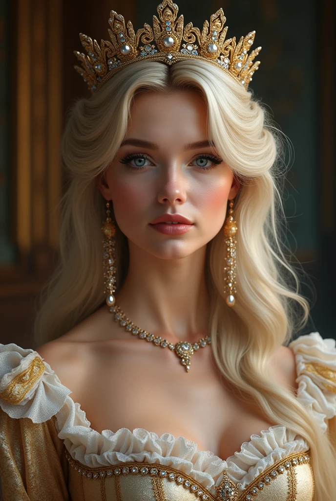 A pretty woman , with large and blue with blonde hair and styled, with queen&#39;s clothes and a crown 