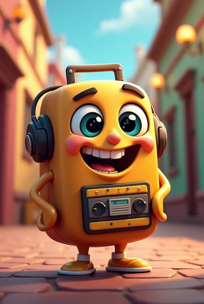 A cute animated tape player, Grinning