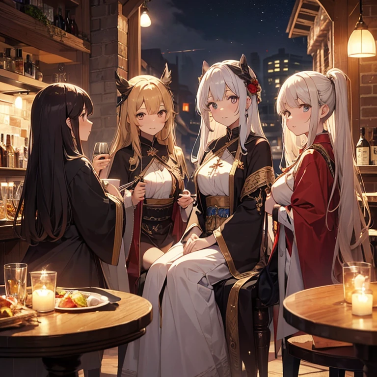 A group of priestess, (in tavern), various hair styles, harem, night, details face, seducing, ceremonial outfit, multiple girls