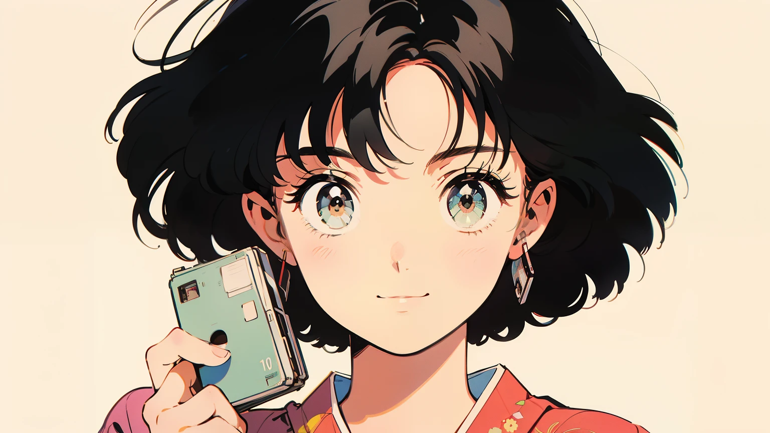 A very beautiful 18 year old Japanese woman holding a cassette tape. Wearing a Japanese yukata with a background of flying butterflies、The main focus is on cassette tapes..
The cassette tape is labeled in red ``1980...''.
The girl is smiling and holding the cassette in front of her face.The background is Iridou Cloud