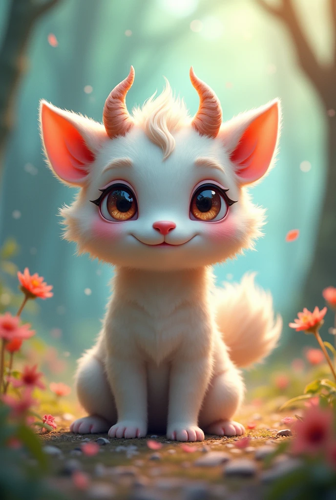 Cute with horns on its head and a tail on its butt