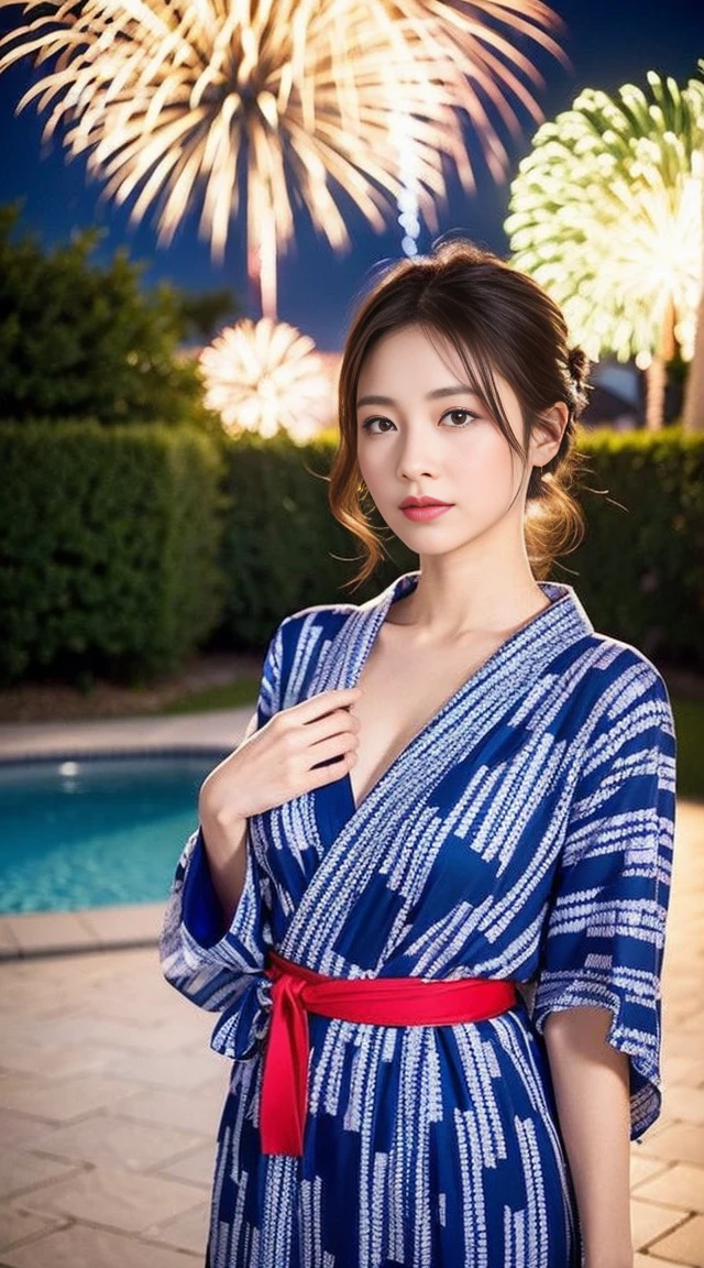 Dark brown hair、Light brown eyes、Japanese actress、 Lady、I am about 40 years old..、(Intricate details:1.2)、(Which is higher???:1.4)、 (Ultra-high resolution:1.2)、Ultra-high resolution、(Fine-tune)、(Detailed facial features)、Hmph、8k resolution、D cup size breasts、Long Hair、Hue、night、,Full body photo、firework、yukata、firework大会、日本のfirework、日本のyukata、band、Summer in Japan、yukata姿、Updo、