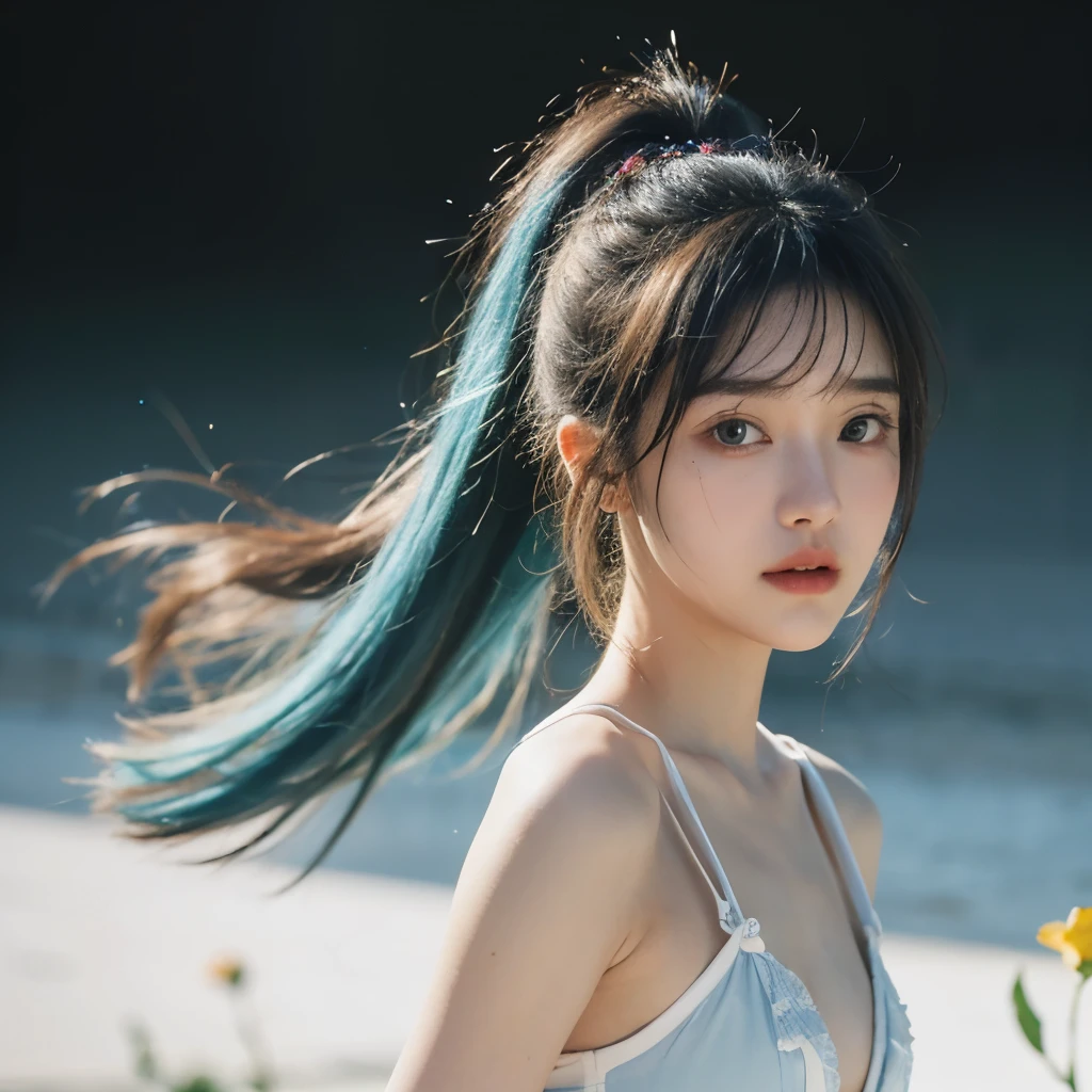 (Masterpiece), (Best Quality), (Super Detail), (disheveled Hair), (Illustration), (One Girl), (Fashionable Clothes), Standing, Fashion Model, Beholder, (Interview), (Simple Background), Finely Beautiful Eyes, Delicate Beautiful Face, Floating, (High Saturation), (Colorful Splash), Colorful Bubble, (Shine), Focus on the Face, Ponytail, Light Blue Hair, bangs, Hair Rings, Floating Flowers, Floating Hairs, (Shining), Best Lighting, Best Shadows,Beautiful nipples,((Flat Chest)),(Small waist),((Small Ass)),