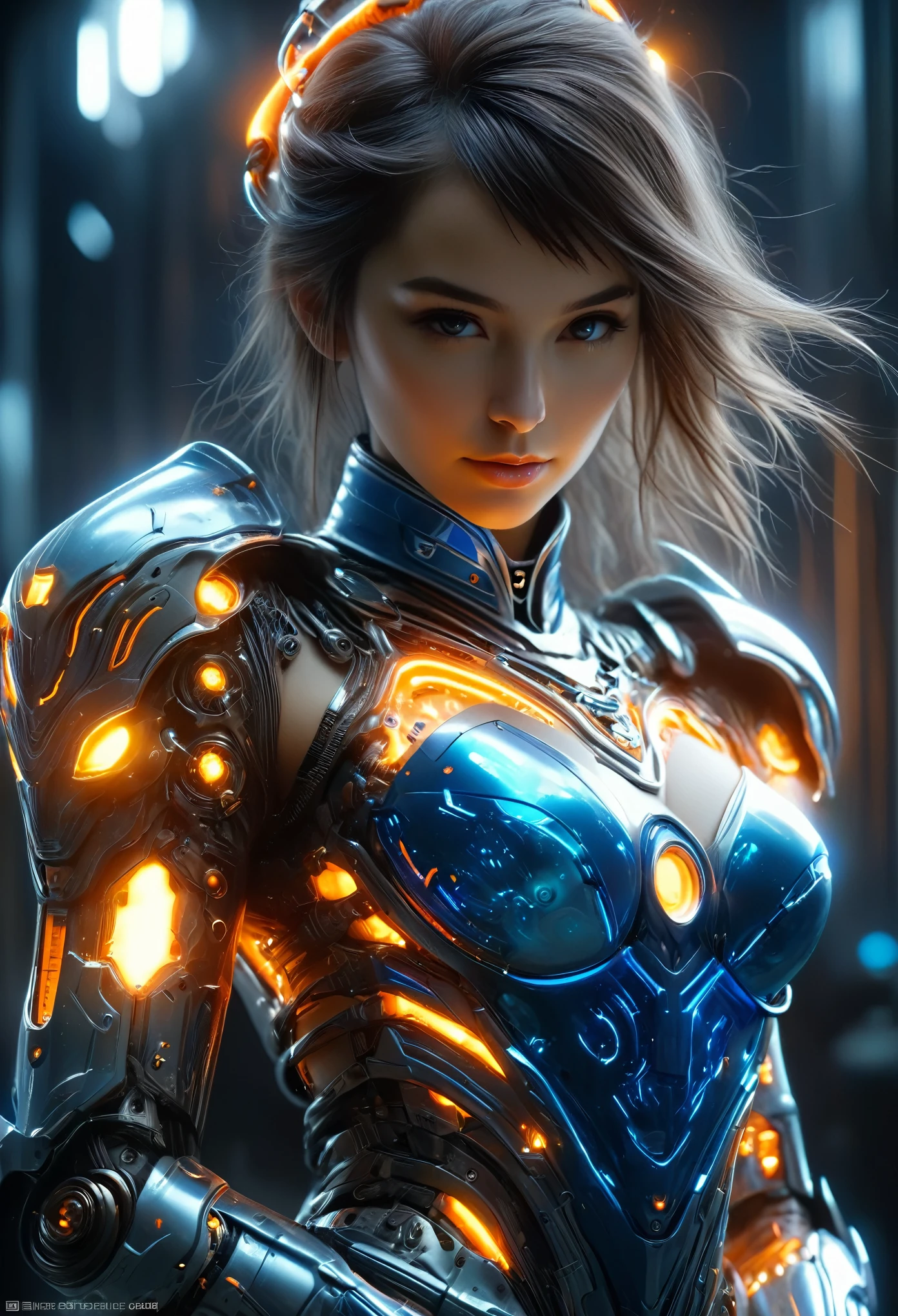 (Best Quality, 4K, 8K, High Resolution, Masterpiece: 1.2), (Super Detailed, Realistic, Photorealistic:1.37), A woman in futuristic clothing, (erotic and sexy:1.4), Trending on cgstation, Trending on cgstation, (Portrait of a girl in the Knights of the Zodiac:1.4), (blunt bangs:1.7), Cute Cyborg Girl, Perfect android girl, Portrait Astronaut Girl, Beautiful girl cyborg, Girl wearing iridescent orange and blue and white mechanical cyber armor, Game CG, cgsociety and fenghua zhong, Beautiful Cyborg Shrine Maiden, Bioluminescence, (Gal Gadot:0.6), Anatomically correct grip, Anatomically correct four fingers and one thumb, (long claws:1.4), erotic and sexy, A gorgeous cape with beautifully detailed embroidery, energy ball
