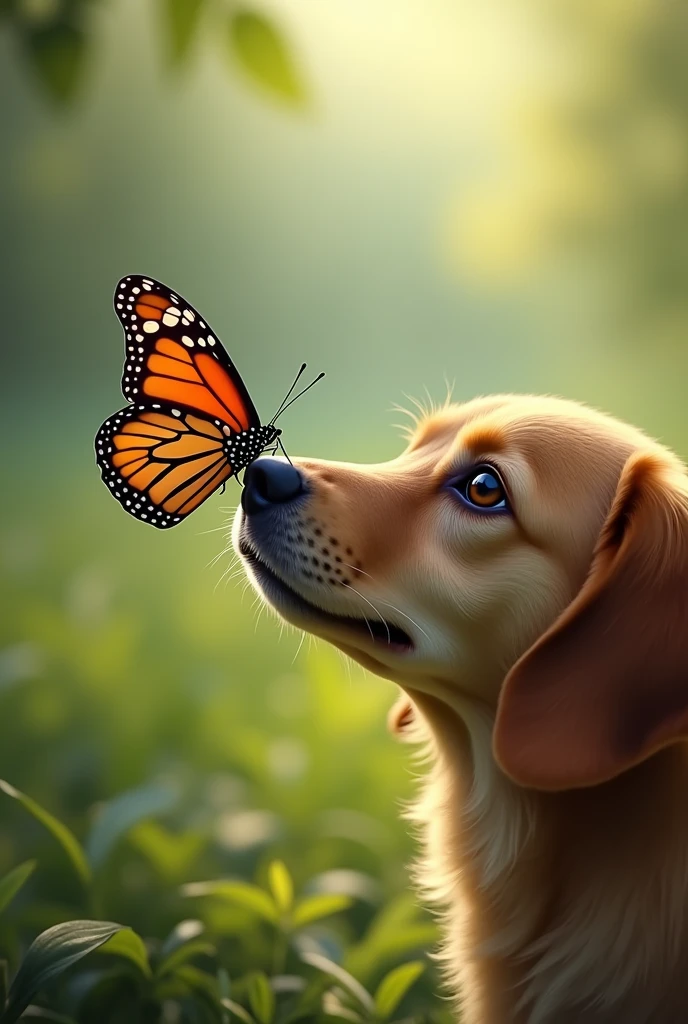 A monarch butterfly on a dog's nose