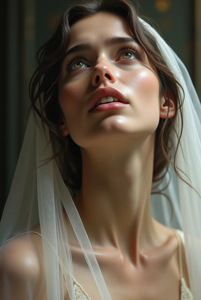Realistic beautiful woman with a veil and her head slightly turned upwards. She is looking up with a sad expression and weeping eyes