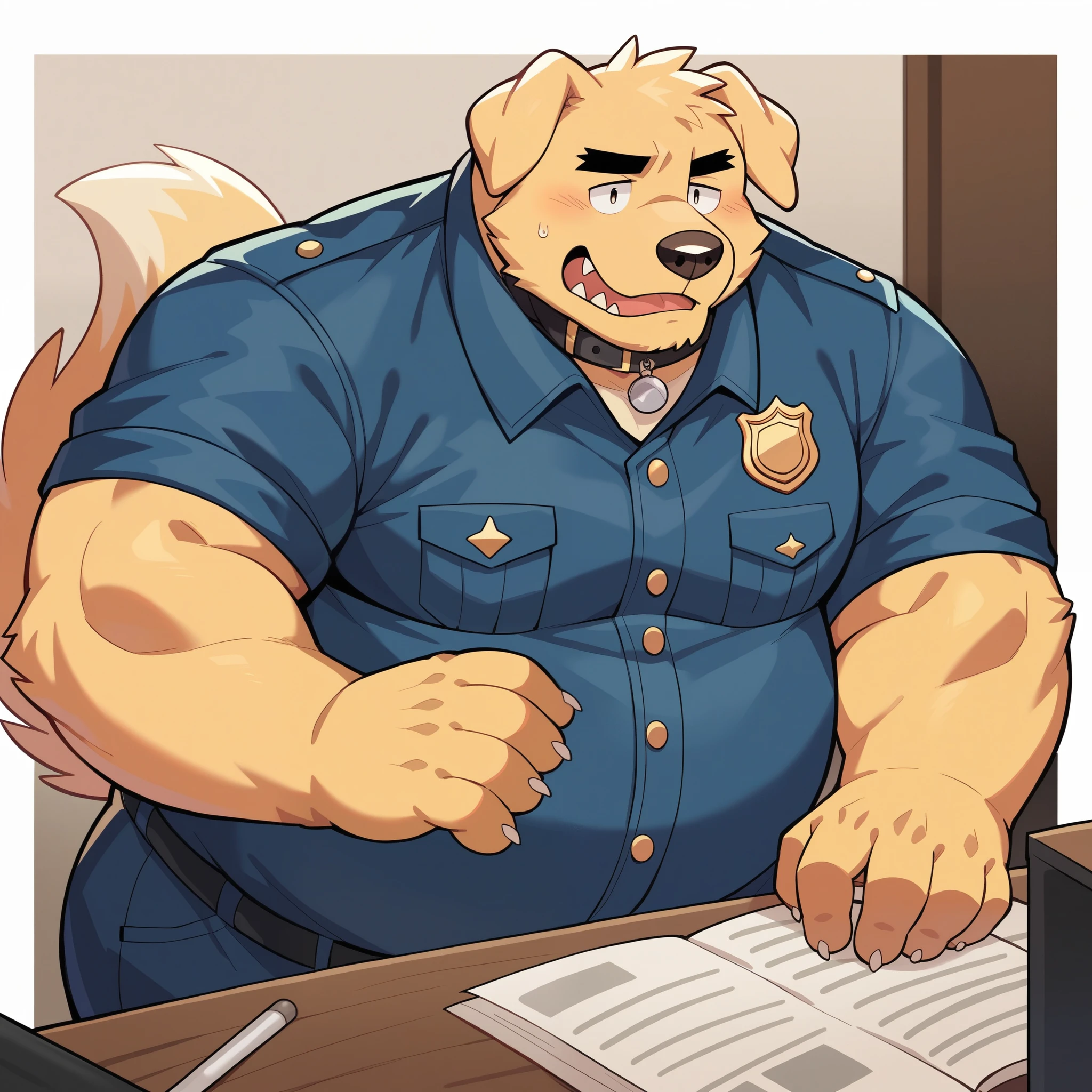 Scribble Golden Retriever face,Humanity(Golden Retriever),Chubby,(Black eyebrows:1.1),(Perfect eyes),Golden fur,(artist:Takemoto Arashi),Living room background,(Collar:1.3),paw,(black beard:1.3),(Police Uniform:1.3),(Stick out your tongue:1.3)