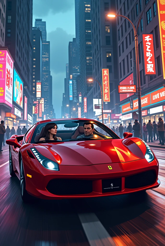 Grand Theft Auto VI, woman and man in a ferrary car, 4K anime style, atmosphere in the city, 1920x1080,