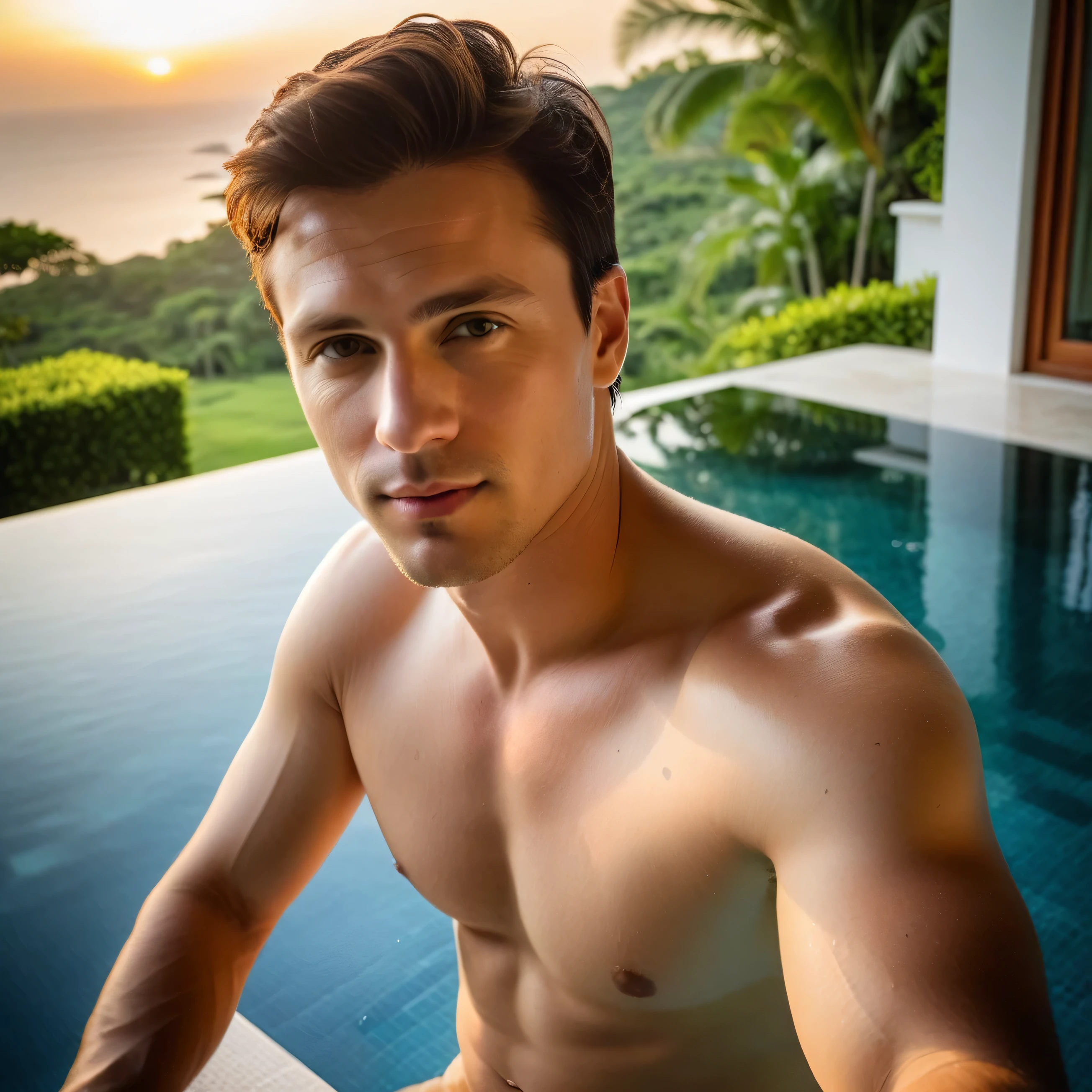 super realistik (foto selfie, from aBove:0.6), (half Body postrait:0.5), man (35 yo, pale skin, dark short hair) in a white swimming pool in villa, sunset near ocean, (full shot), solo, ((masterpiece)), ((best quality:1.0)), high resolution, 1k, (ultra_realistic:1.7), (photorealistic:1.9), highly detailed, photography, hdr, depth of field, film grain, 35mm, dslr shot. The villa is designed with luxurious surroundings, featuring expansive floor-to-ceiling windows, elegant architecture, and a stunning view of the ocean or lush greenery. gazing out at the serene landscape. The image should capture the essence of a high-end retreat, with vibrant colors, detailed reflections in the water, and warm, natural lighting that enhances the overall tranquility and luxury of the scene.