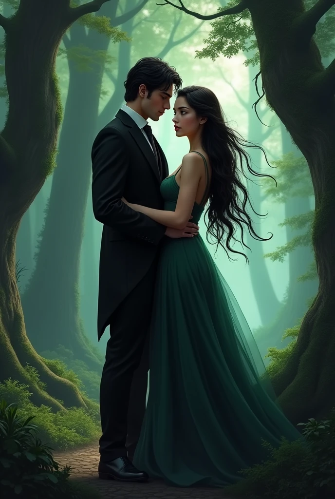 I want an image of a beautiful girl with long black hair and dark brown eyes in the dark forest, and next to the girl is a very handsome, tall man with black hair in an elegant suit.