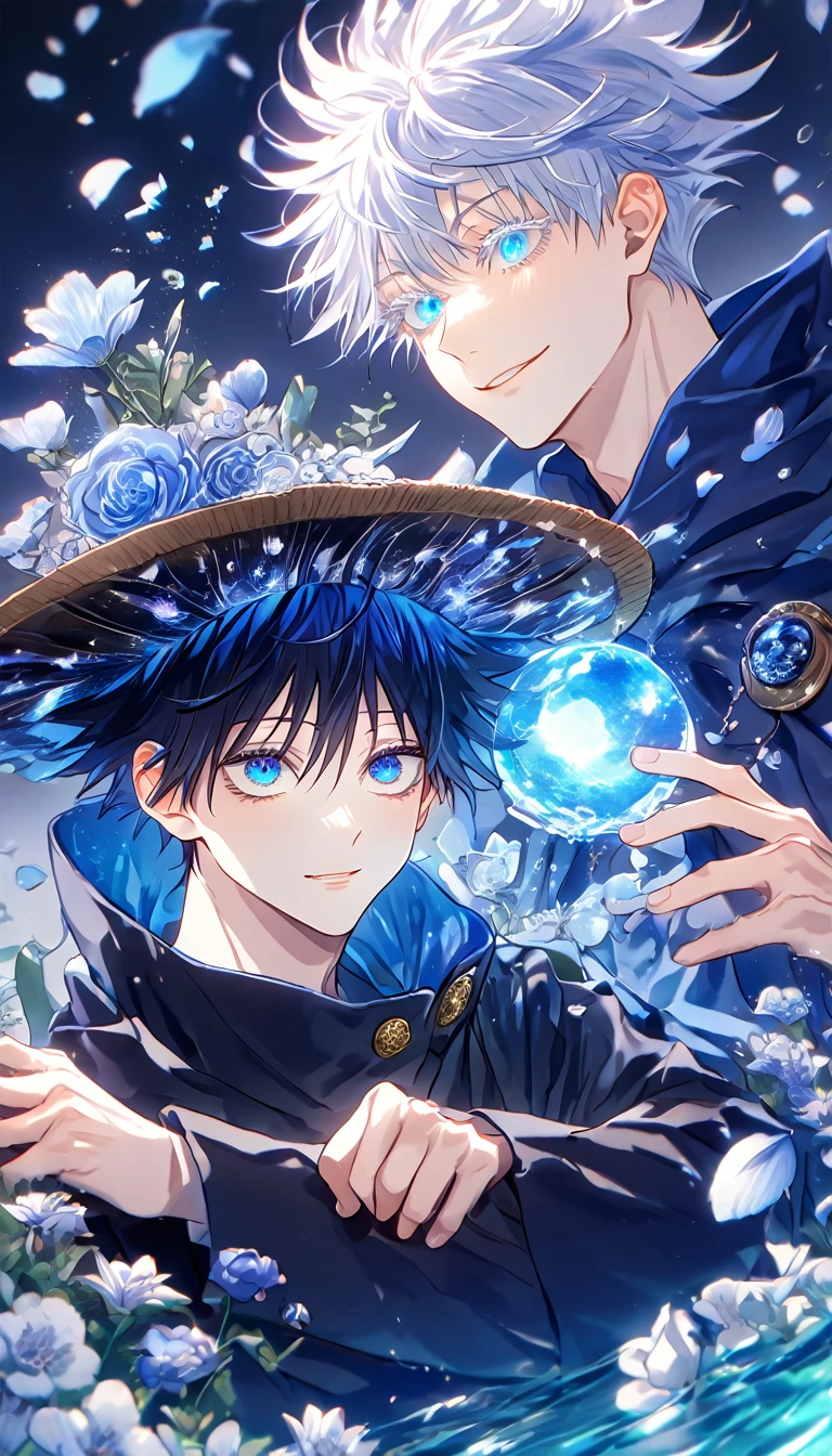 absurdres, highres, ultra detailed, HDR, master piece, Gojou Satoru, white hair with bangs, white eyelashes, expressive blue eyes, Fushiguro Megumi, black hair, expressive blue eyes, expressive blue eyes, Jujutsu Kaisen, magical hat, cute, best quality, blue moon, flowers, fantasy, magical, two sexy man hugging, yaoi, gay couple, water, blue shining fireflies, blue petals, cape, smiling,