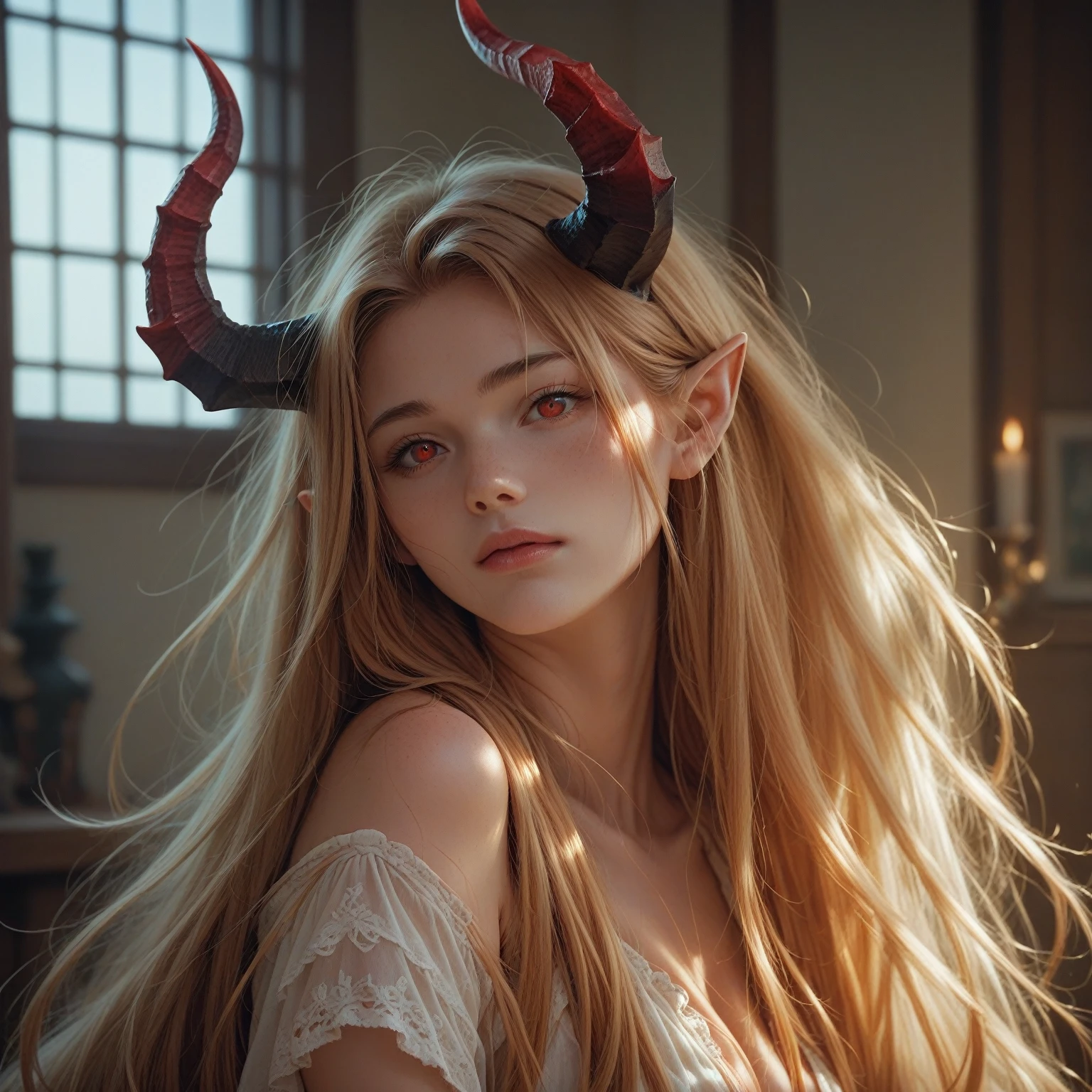 High resolution, breasts, Long hair, Red eyes, very long hair, horns, pointy ears, 