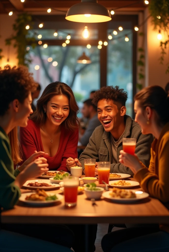 a student dinner with friends while laughing