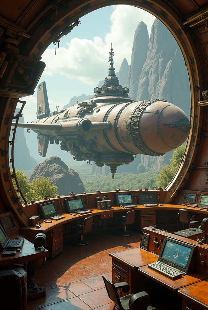 steampunk exterior of a spaceship. Through the windows you can see the landscape of an alien planet., The entire space is filled with work consoles with electronic devices and screens, full hd