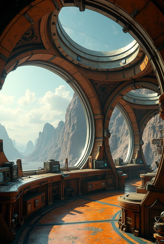 steampunk exterior of a spaceship. Through the windows you can see the landscape of an alien planet., The entire space is filled with work consoles with electronic devices and screens, full hd