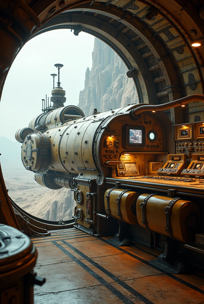 steampunk exterior of a spaceship. Through the windows you can see the landscape of an alien planet., The entire space is filled with work consoles with electronic devices and screens, full hd