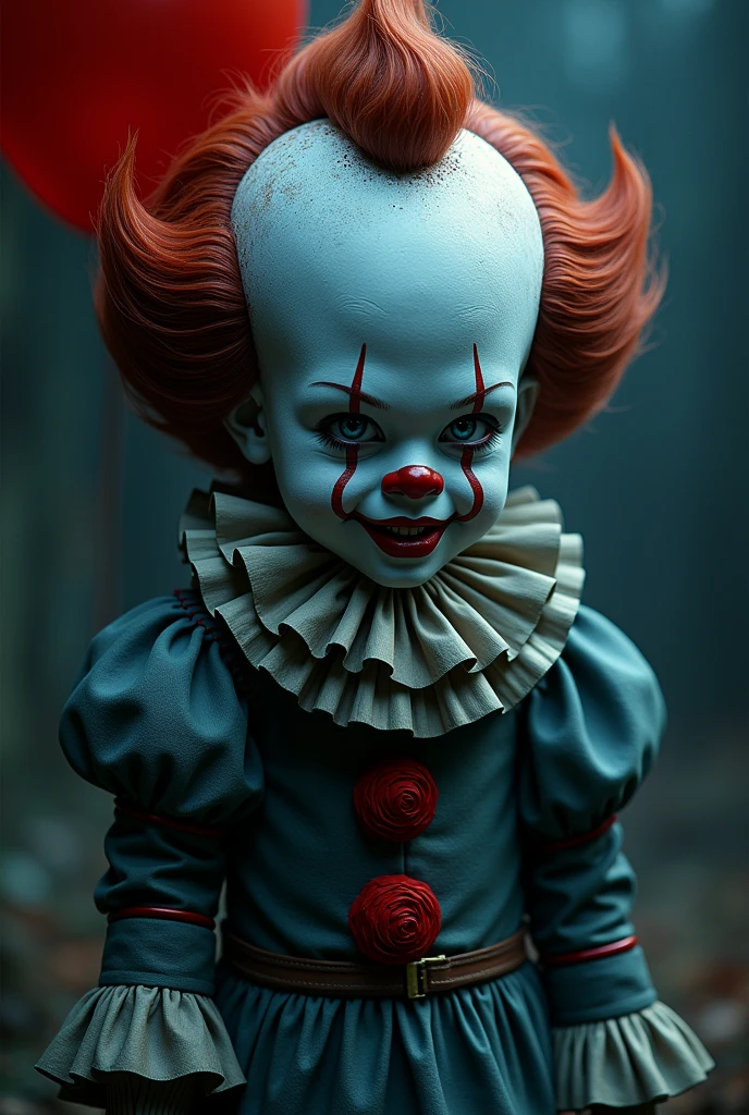Pennywise kid version, Short red and blue hair, black eyes, and red and blue clothing.