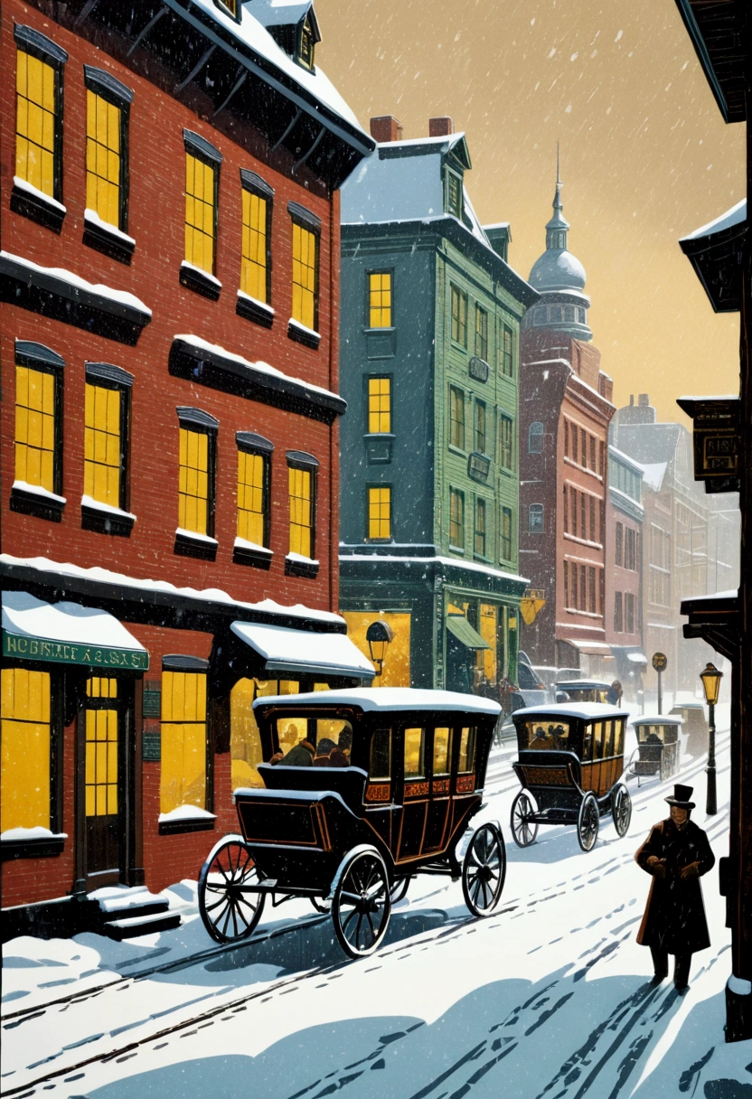 Rough hand-carved woodcut, heavily snowing day, buildings, carriages, store signs, passersby, good old-fashioned images, color, highest image quality.