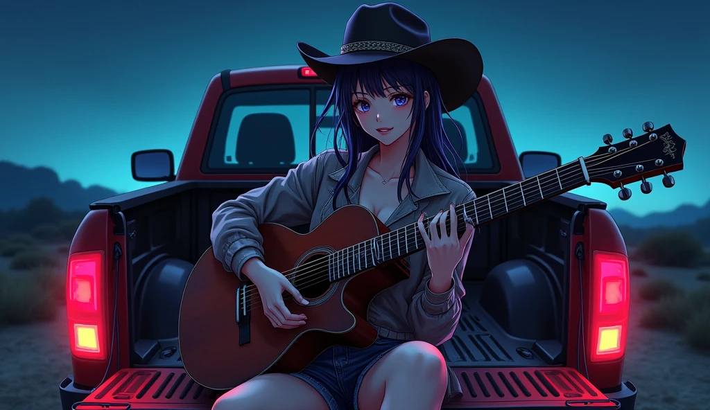 hot anime lady wearing cowboy hat playing guitar at the back of pickup truck at night time