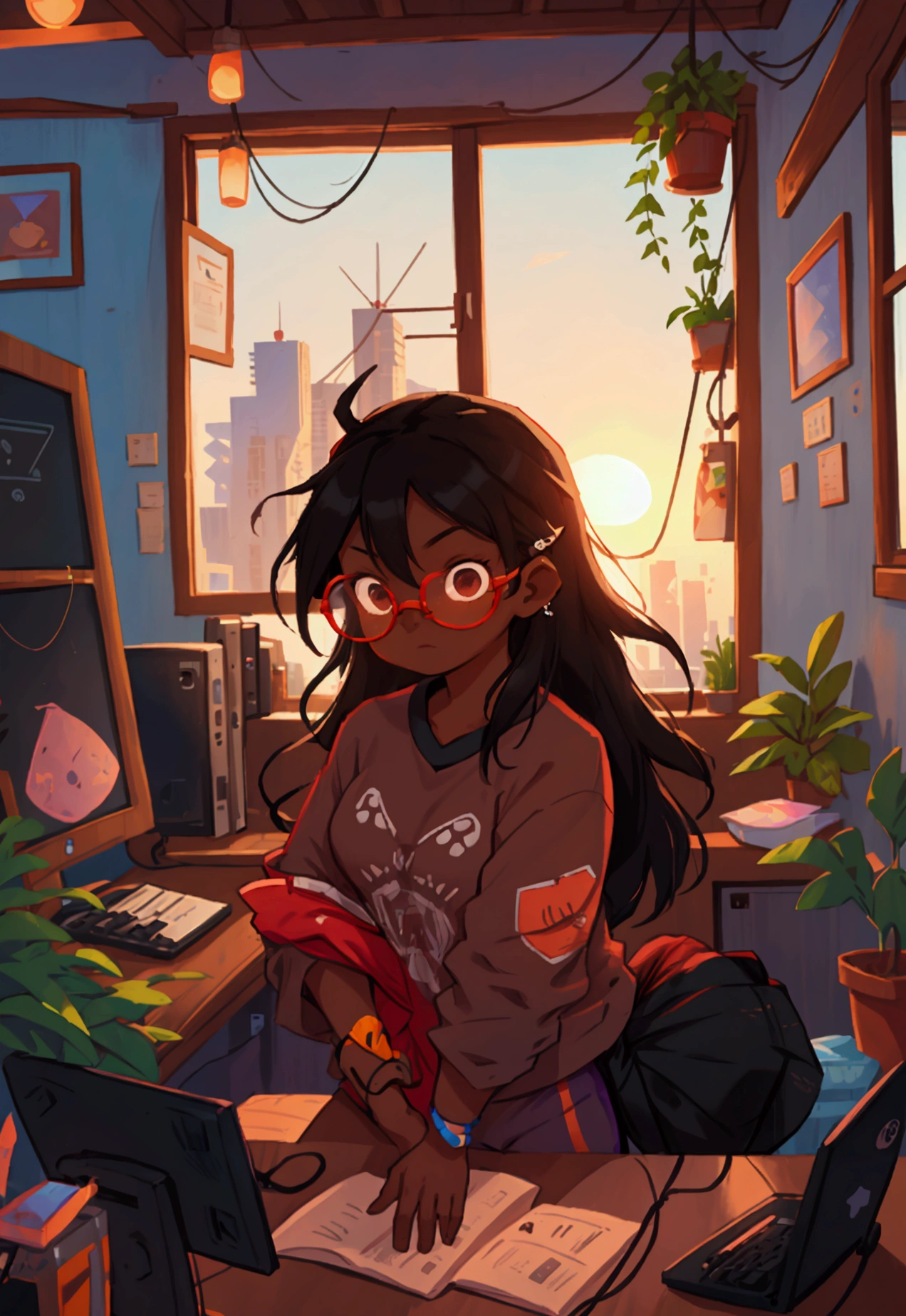 black female character, dark skinned, black girl, 30, long hair, brown eyes, blue light, baggy shirt, yoga shorts, rockstar, typing at a computer red glasses, programmer, gamer, panoramic window view of neighborhood, sunset, luxury decor