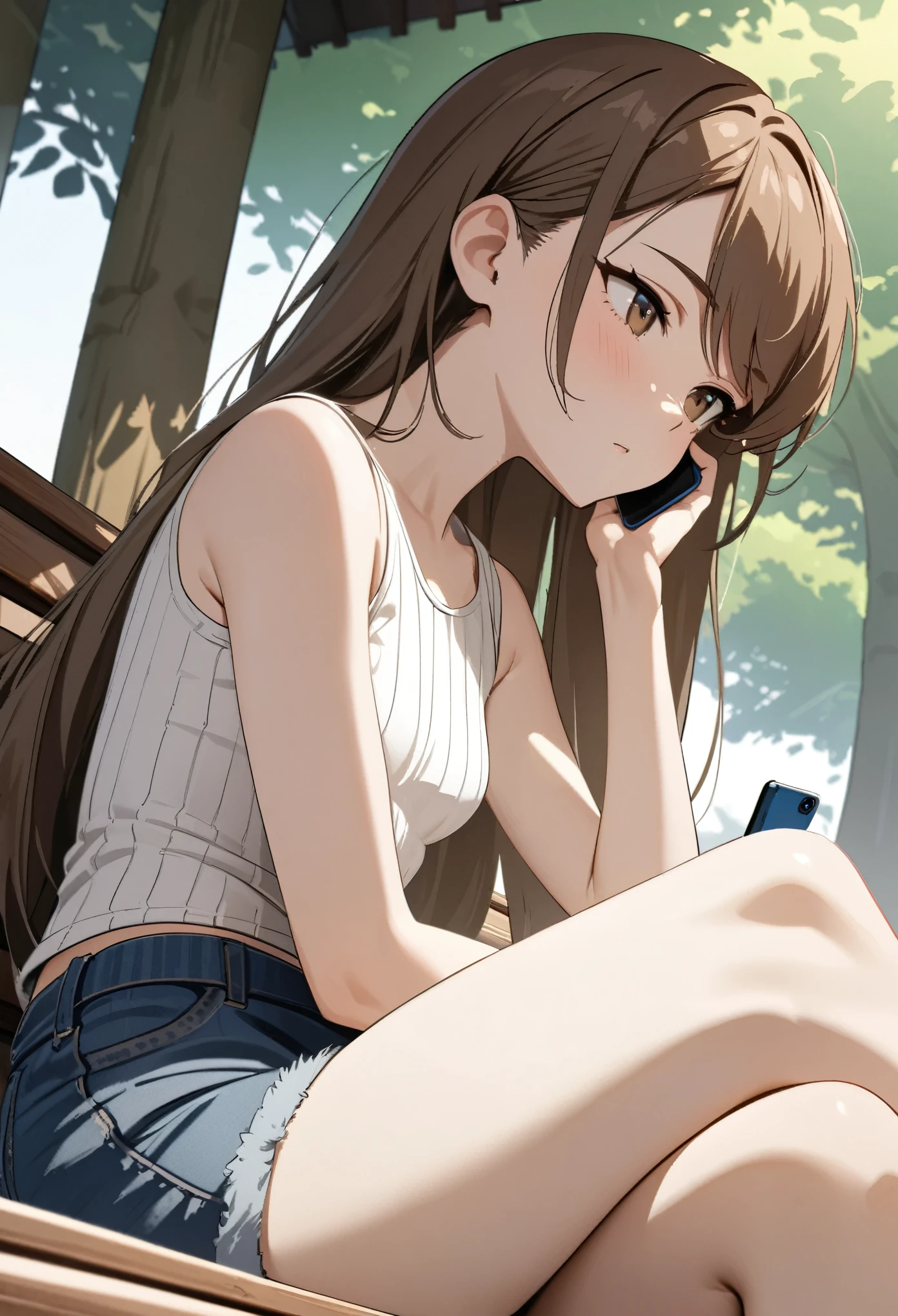(masterpiece, best quality), stoic, looking at phone, beautiful face, upper body, close up, brown eyes, swept bangs, brown hair, very long hair, ribbed white tank top, blue jean shorts, small breasts, sitting with legs crossed, hand on face, from below, from side, bench, willow tree, Sunrays, shade,