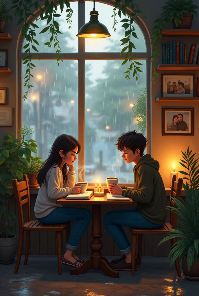 Visualize a cozy cafe on a rainy afternoon. The cafe is decorated with rustic wooden furniture, and large windows let you see the rain falling gently on the street. inside, The atmosphere is warm and enveloping, with soft lights and candles lit on the tables.
Spotlight, Two friends are sitting at a table near the window, surrounded by steaming cups of coffee and scattered books. Their faces reflect a deep connection as they chat and laugh.. The window, with raindrops sliding down the glass, creates a beautiful blurring effect, contrasting with the warmth of the interior.
At the bottom, on the walls of the café, There are shelves full of books, Potted plants and framed photographs, creating an intimate and characterful atmosphere. The plants, with its fresh green leaves, represent the growth and vitality of friendship.
In the upper corner of the image, Title "The Garden of Friendship" appears in a handwritten typeface, floating gently over the scene, as if it were part of the cozy atmosphere of the café.
This image would evoke a feeling of comfort and closeness., Capturing the essence of sharing special moments in an environment that fosters deep connection between friends.