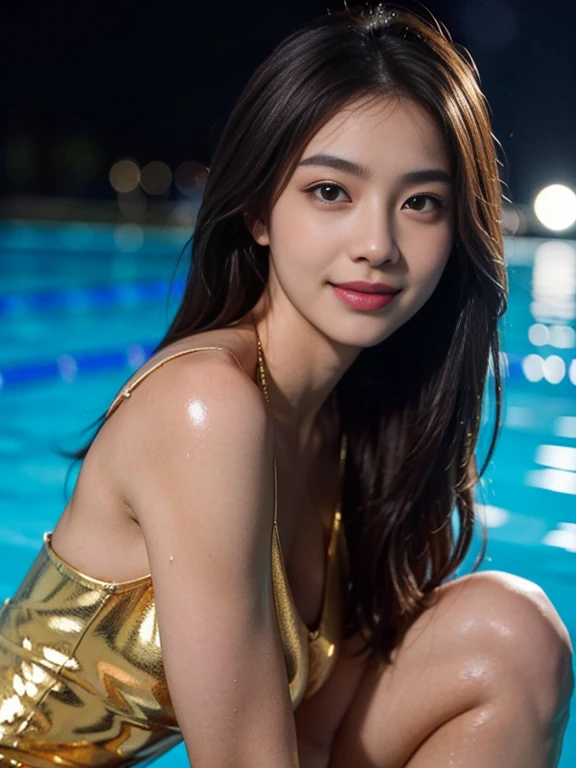 Latex bodysuit、Knee-high boots、Huge 、Long brown hair、Shiny, Oily skin、Glowing Skin、Indoor competition pool、White skin、 Body Portrait, 8k, Narrow and beautiful eyes, Dindal effect, masterpiece, 最high quality, high quality, High resolution, Very detailed photos, (Natural skin texture, Fine skin, Hyperrealism, Ultra Sharpness) , Skin with attention to detail, (Very fine, Fine skin texture, Intricate details, Beautiful Face, (A vivid face), Realistic eyes, Beautiful and detailed, Realistic Skin, Beautiful Skin, surreal, Very detailed, Golden Ratio, Smiling Eyes, ((Night moonlight background)), Body Portrait, glamorous, Shiny Bodysuit