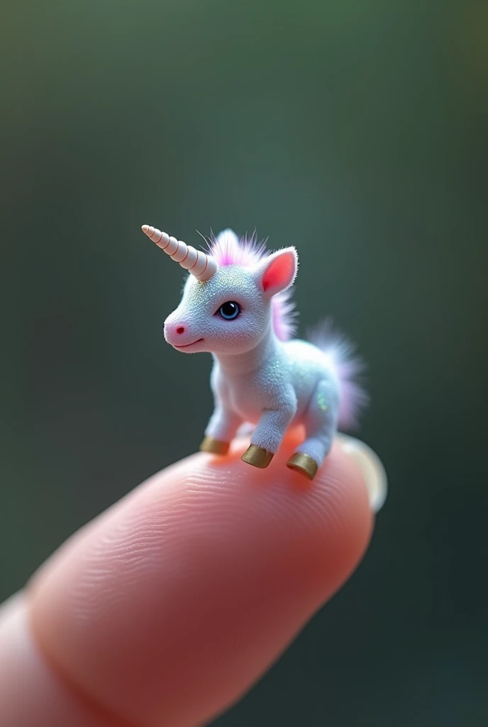 photorrealistic, 8k, Micro Tiny baby [unicorn] perched on a human finger