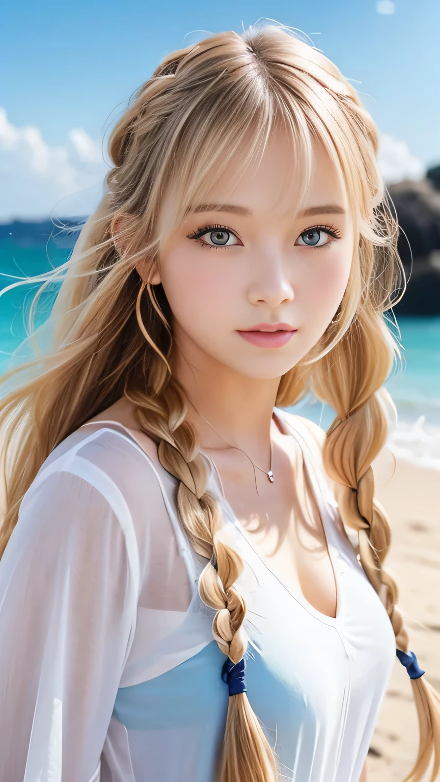 Sexy Big 、Sexy cute looks and cute 15 year old beautiful girl, beautiful and sexy face、A strong wind blows my hair in front of my face、beautiful long blonde French braided hair、beautiful, Cute and sexy eyes hidden behind long bangs