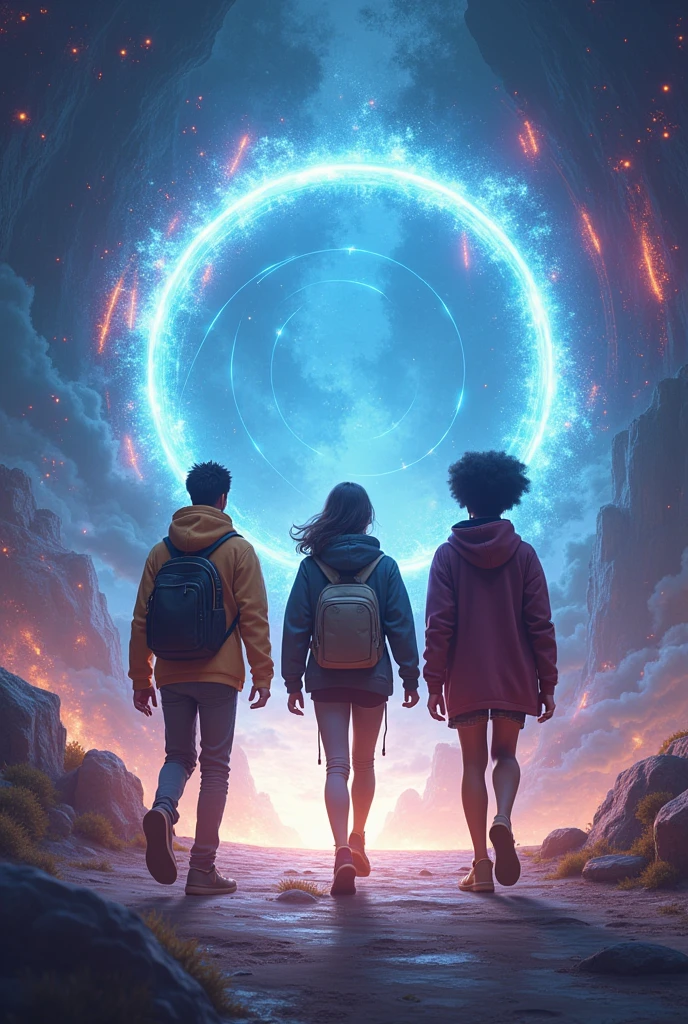 Create an image of 3 young people walking and exiting the virtual world, heading towards a round portal like the one in Doctor Strange, where the ideal college is located.