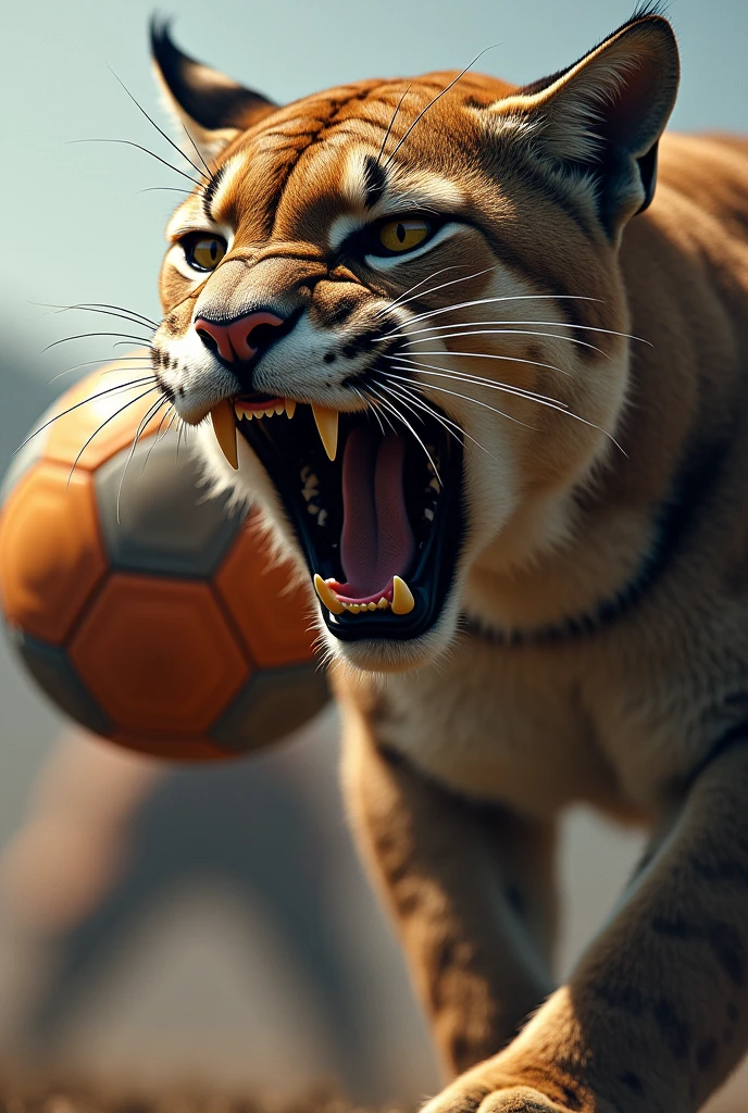 The face of a roaring puma with a soccer ball behind it