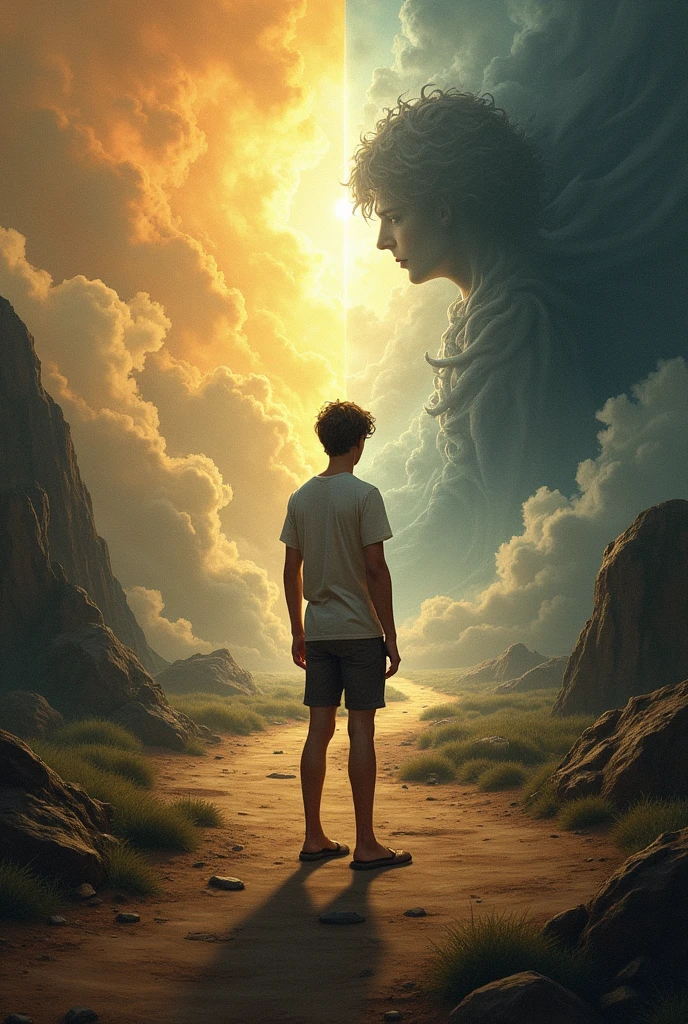 Young man walking with the option of distinct paths between heaven and hell