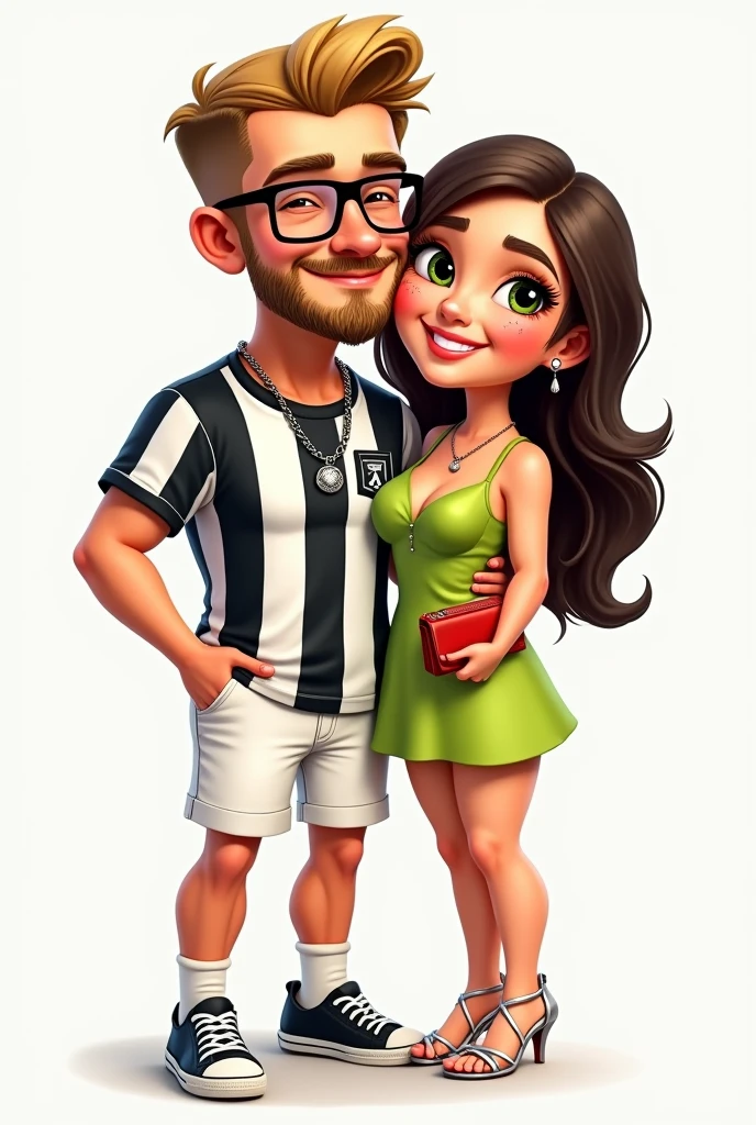 A cartoon or caricature drawing of a couple. He is on the left and she is on the right. They are the same height. The boy has a square face and does not have a thin chin., big forehead, It's blond, He has straight, short hair, shorty, He doesn't have a quiff and his bangs are combed to the side, Okay. His hair is not frizzy. He has a light brown beard, short and mustache, and has light brown eyes. He wears rectangular glasses with black frames and smiles. He wears a black leather chain around his neck with a silver pendant. He doesn't wear earrings. He doesn't wear a watch. He doesn't wear a bracelet. He wears white denim shorts below his knees. He wears a soccer team shirt that has vertical white and black stripes. He wears black low-top sneakers with a white stripe on the sole.. He doesn't wear socks. His right hand is in his shorts pocket and his left hand is on his girlfriend's waist. The girl has long, slightly wavy dark brown hair, almost at the waist, green eyes and thick eyebrows. She has few freckles on her face. She wears a lime green dress with wide straps just above her knees, a small red purse and silver high heels with thin straps crossed in front and a thin heel. She doesn't wear bracelets. She doesn't wear a watch. She doesn't wear a necklace. She wears earrings. she is on the side, with one knee bent at 90 degrees with the foot back. She is resting her hands on her boyfriend's shoulder, while he holds her waist.