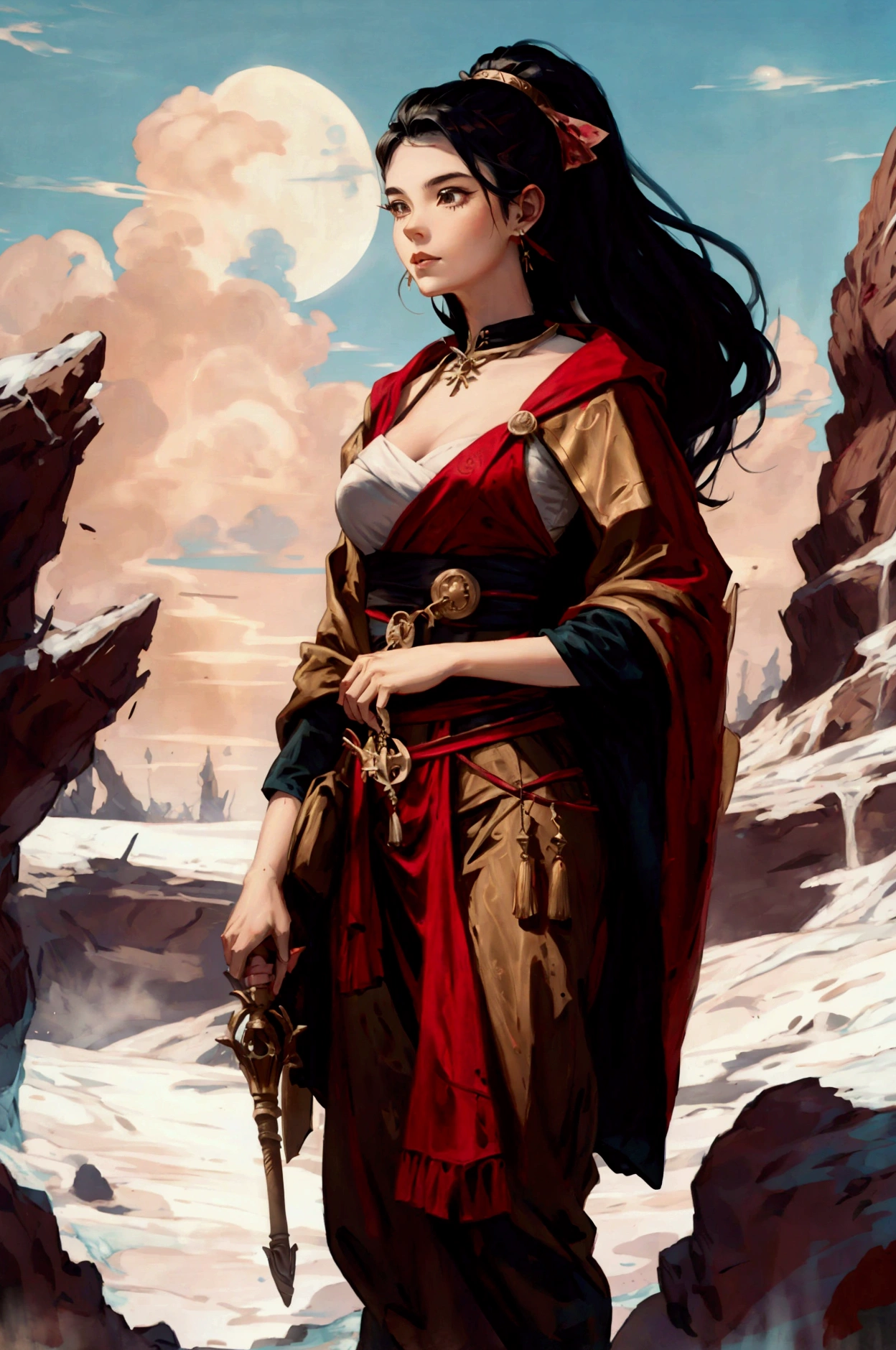 Holding a wooden staff in hand