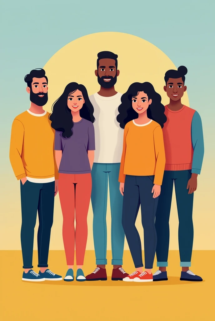 Create an illustration of a group of five diverse characters standing side by side, designed in a flat design style. Each character should have distinct, simple geometric shapes with solid blocks of vibrant colors. The characters should feature minimal facial features, such as small eyes, simple smiles, and no intricate details, to keep the style clean and modern.
The group should include a mix of different skin tones, and each character should have a unique hairstyle and outfit, ranging from casual to semi-formal. The outfits should be in bright, contrasting colors, with no patterns, to maintain the flat design aesthetic.
The background should be a solid, bright color, such as light blue or yellow, providing a cheerful and welcoming atmosphere. Ensure that the overall composition is balanced, with the characters evenly spaced and standing upright, looking directly at the viewer. The mood should be friendly and inclusive, with the characters smiling subtly.