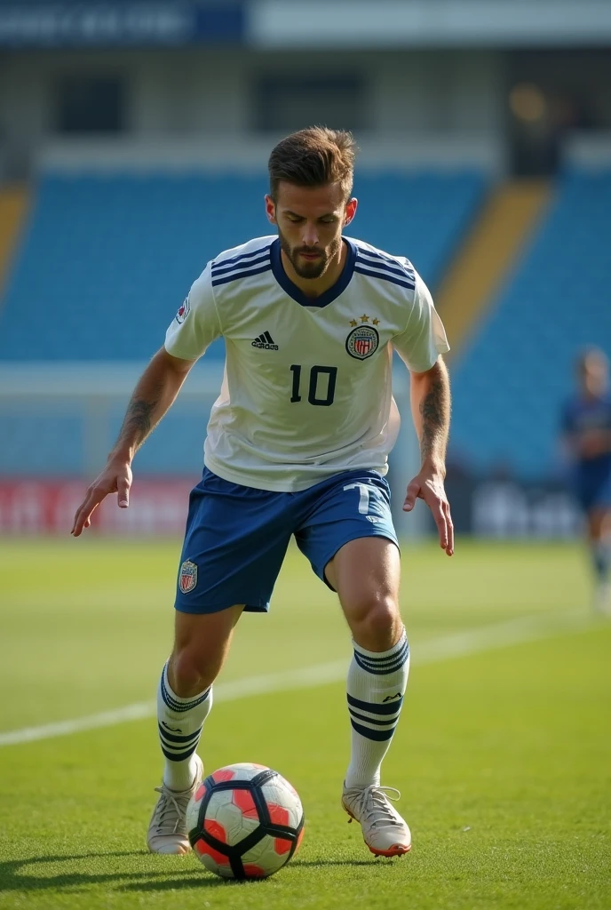 Man playing football, Youngh, sem beard, without mustache.