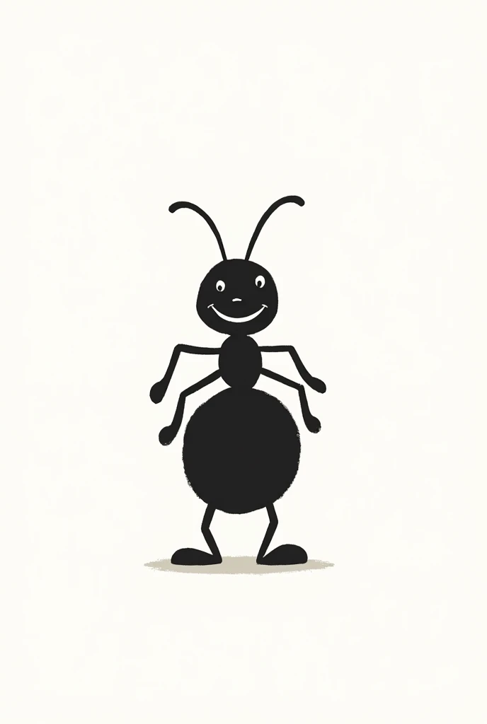 A very simple drawing with a stick figure style, not realistic, of a fat ant standing and smiling., in black and white