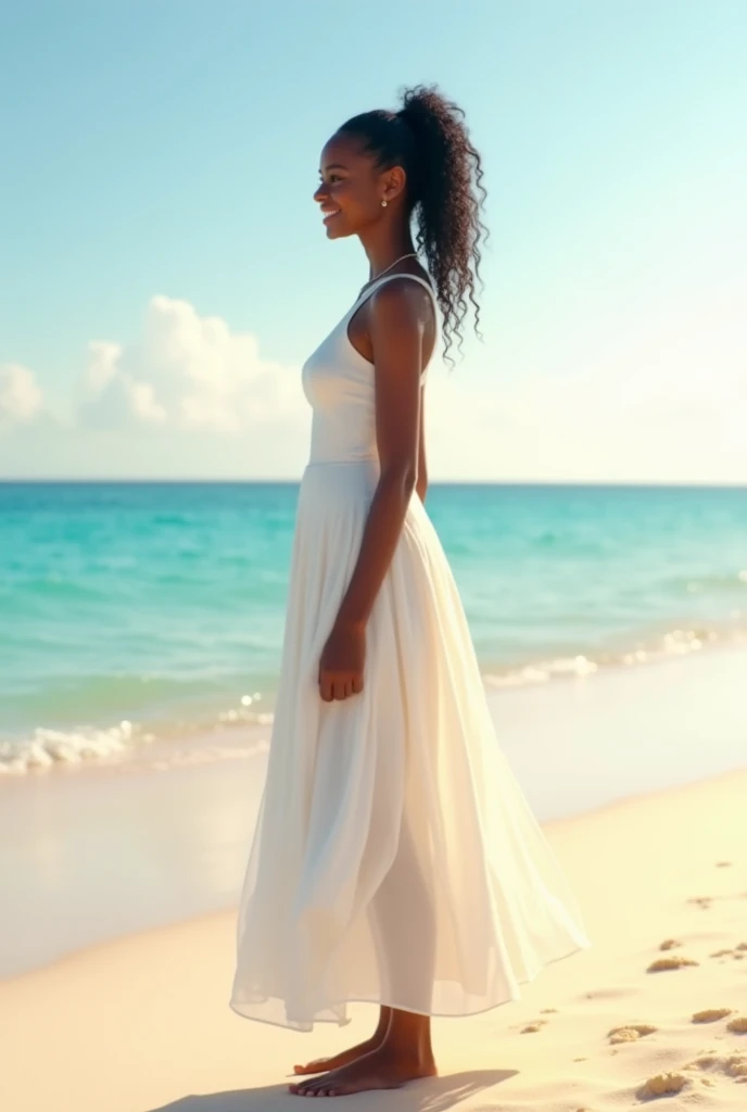 (high quality, High resolution, Very detailed, reality:1.37), Peaceful atmosphere, (Sandy Beach), Teenage black girl standing alone, (my breasts are big.), Beautiful details, Cute Smile, (Black hair ponytail), White big dress, barefoot.