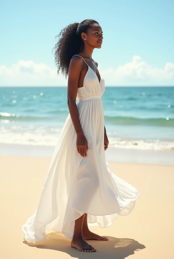 (high quality, High resolution, Very detailed, reality:1.37), Peaceful atmosphere, (Sandy Beach), Teenage black girl standing alone, (my breasts are big.), Beautiful details, Cute Smile, (Black hair ponytail), White big dress, barefoot.