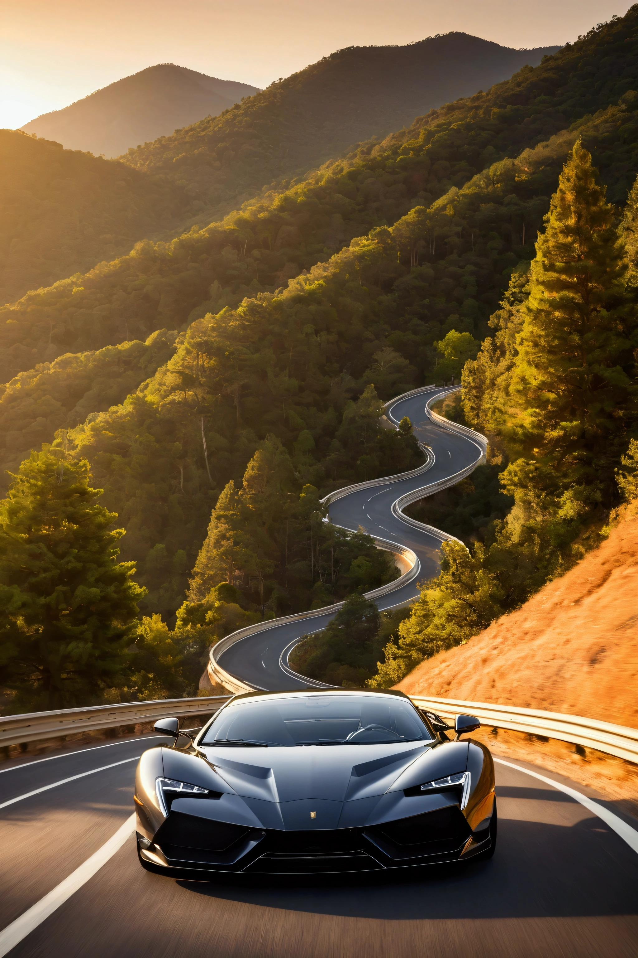 (melhor qualidader, fotografia hiperdetalhada:1.2) Create a dynamic image of a luxury sports car racing down a winding mountain road at high speed. The car should be a sleek, aerodynamic design with a glossy metallic finish, reflecting the surrounding landscape and the golden light of the setting sun. The road should curve gracefully through a picturesque landscape, with tall pine trees lining the edges and distant mountains framing the scene.