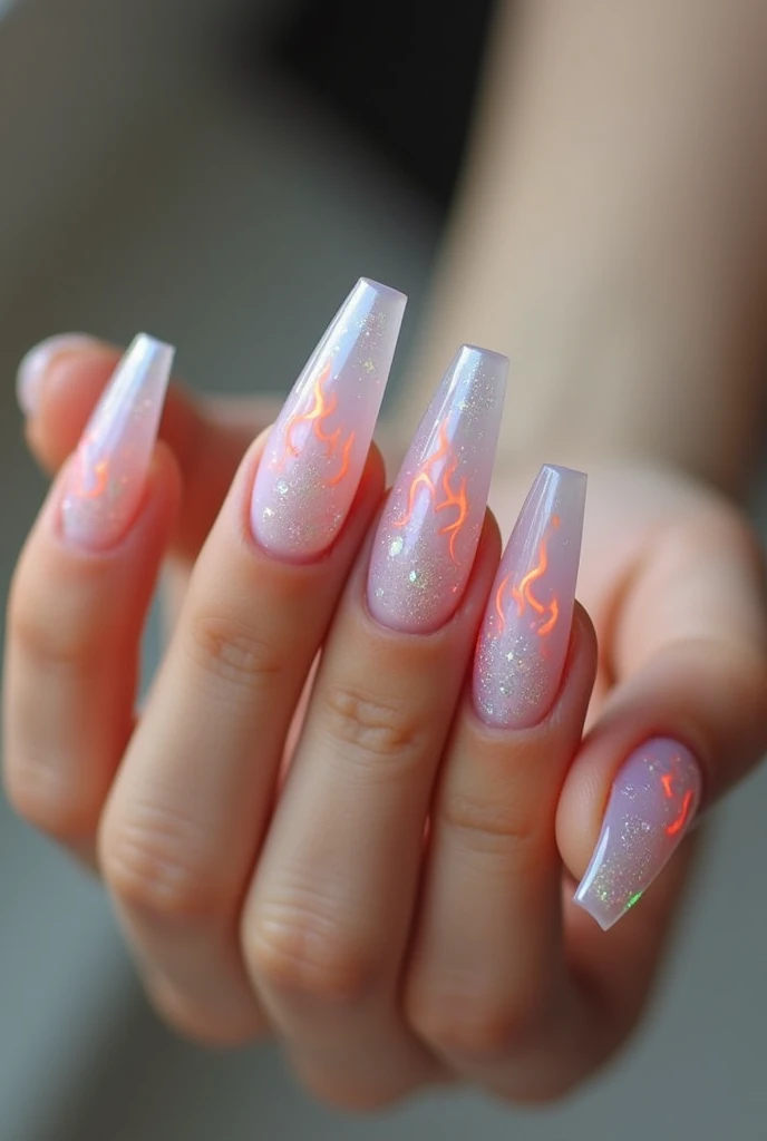 Make me nails that have 3D accents with flame design but Pearlescent color