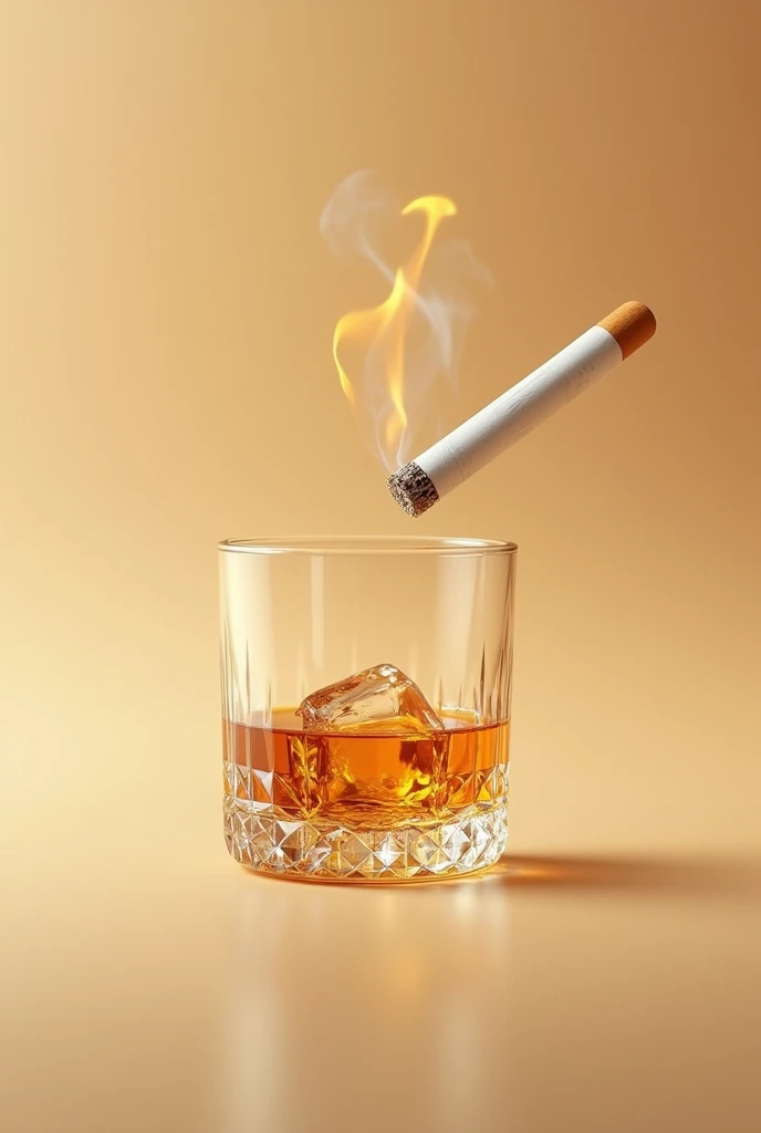 smaller short glass of wiskey with many cristal details and ice inside taking a realistic photo with beige background and in the air with a brown cigarrete outside of the glass bigger