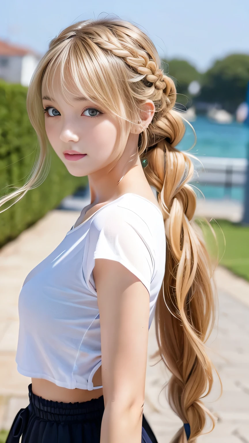 Sexy Big 、Sexy cute looks and cute 15 year old beautiful girl, beautiful and sexy face、A strong wind blows my hair in front of my face、beautiful long blonde French braided hair、beautiful, Cute and sexy eyes hidden behind long bangs