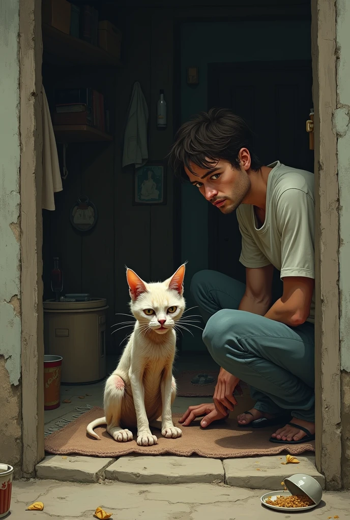 Yn chat tres maigre qui eat entrain de manger dans une maison avec un homme devant lui