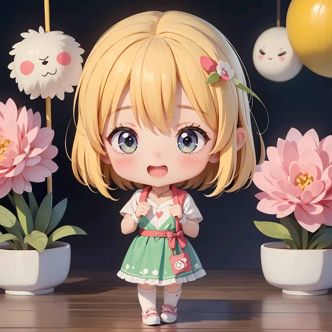 Super Chibi Character：1.8、Blonde Hair、Cute 7  girl、Random cute outfits、Wearing cute shoes、Super Chibi Character：1.8、Open your mouth and laugh out loud、Open your mouth and laugh out loud