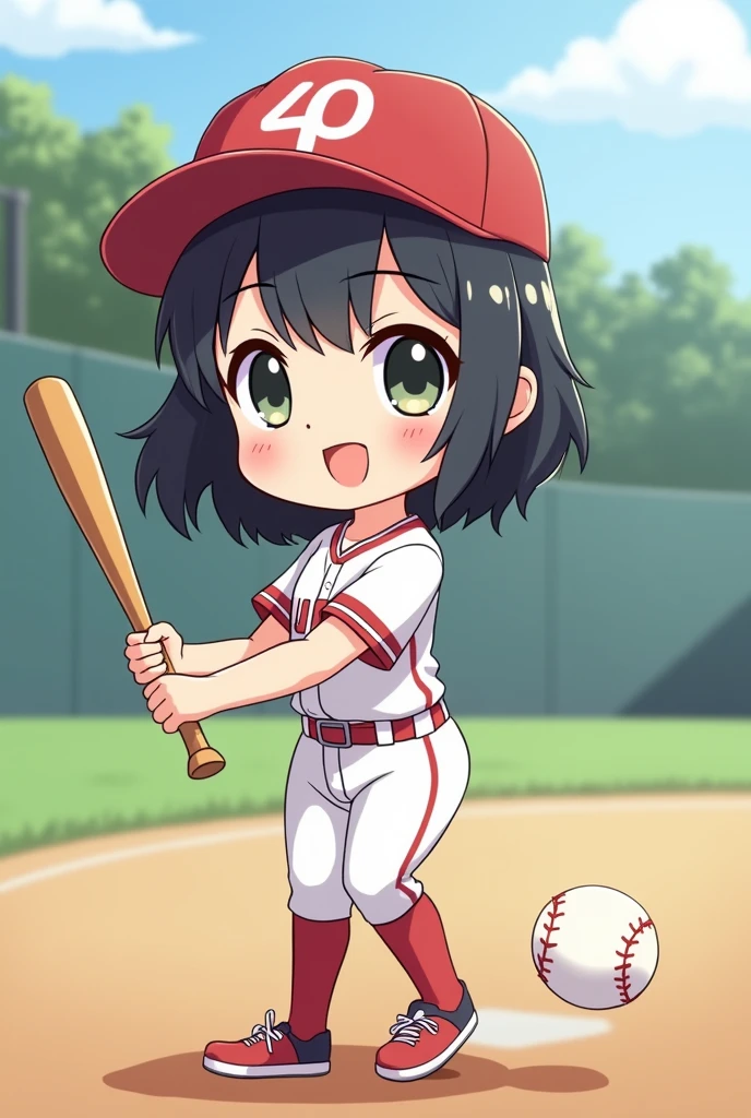 baseball　Women　Black Hair　cute　Pixiv style illustration