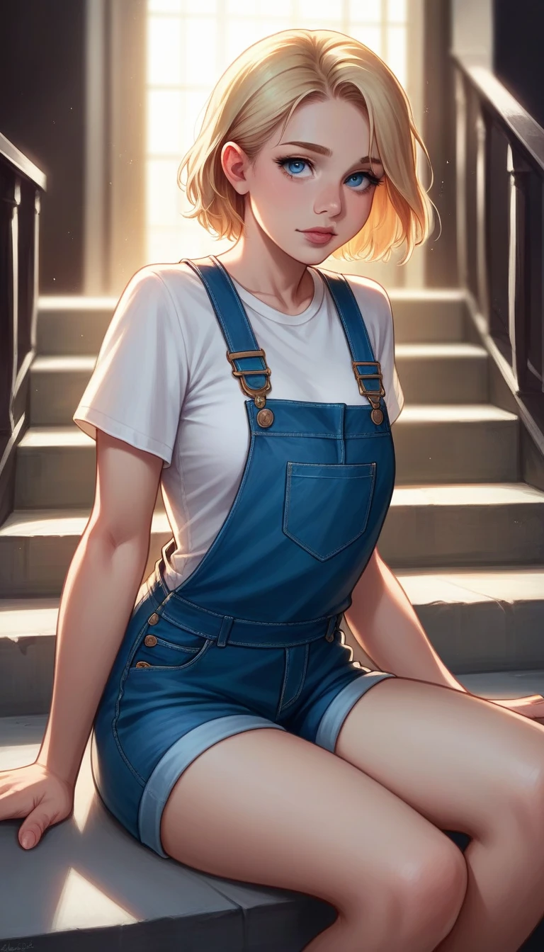 A woman with an angelic face and short (natural blonde) hair, blue eyes, sitting casually on a staircase of a building, wearing a white shirt with overalls and short black shorts, detailed face, intricate clothing folds, ambient lighting, photo-realistic, cinematic, warm color tones, dramatic shadows, architectural elements, depth of field